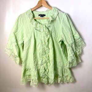 Romans Women’s Blouse Size 12W Green Ruffle Lace Flowy Boho Peasant Y2K Coquette